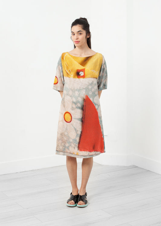 3/4 Sleeve Kimono Dress in coral with abstract patterns and a relaxed fit, perfect for casual outings.