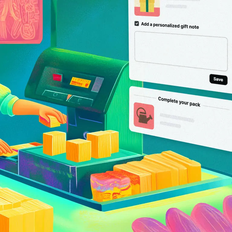 レジで黄色のブロックをスキャンしているレジ担当者のデジタルイラスト。壁にはShopifyのチェックアウトが投影されている。
