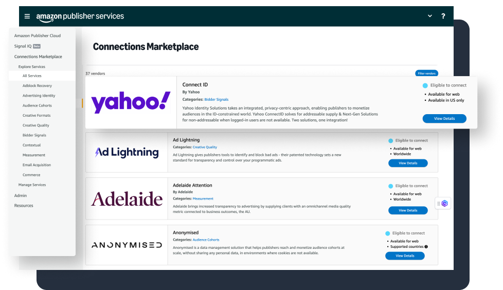 Screenshot of the Connections Marketplace dashboard listing partner integrations including Yahoo Connect ID, Ad Lightning, Adelaide, and Anonymised, each with a 'View Details' action.
