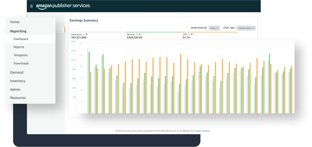 Screenshot of the Transparent Ad Marketplace reporting dashboard showing the Earnings Summary view with impressions, earnings, and CPM totals over a column-series bar chart.
