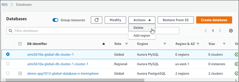 Eine globale Aurora-Datenbank, die auf Aurora MySQL 5.6.10a in der Konsole ohne zugehörige DB-Cluster basiert.