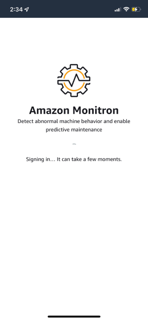 Amazon Monitron Anmeldebildschirm mit dem App-Logo und der Lademeldung.