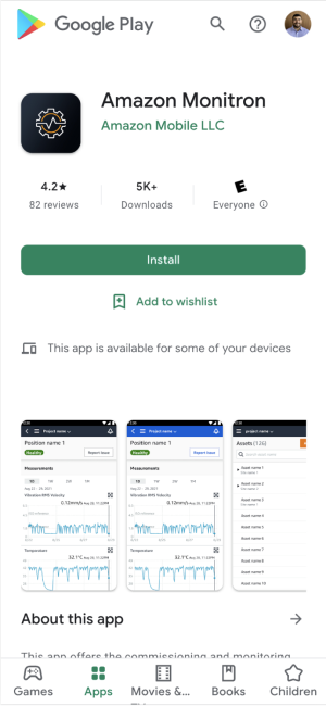 Google Play Store-Eintrag für Amazon Monitron Apps mit Installationsschaltfläche und App-Screenshots.