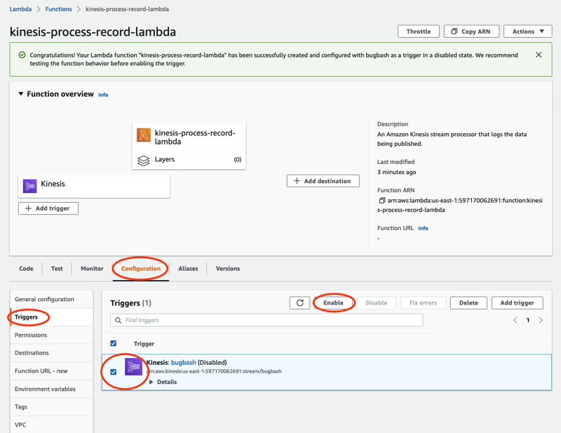 Die Registerkarte „Konfiguration“ zeigt den Abschnitt „Trigger“ mit dem Kinesis Bugbash-Trigger und der Schaltfläche „Aktivieren“.