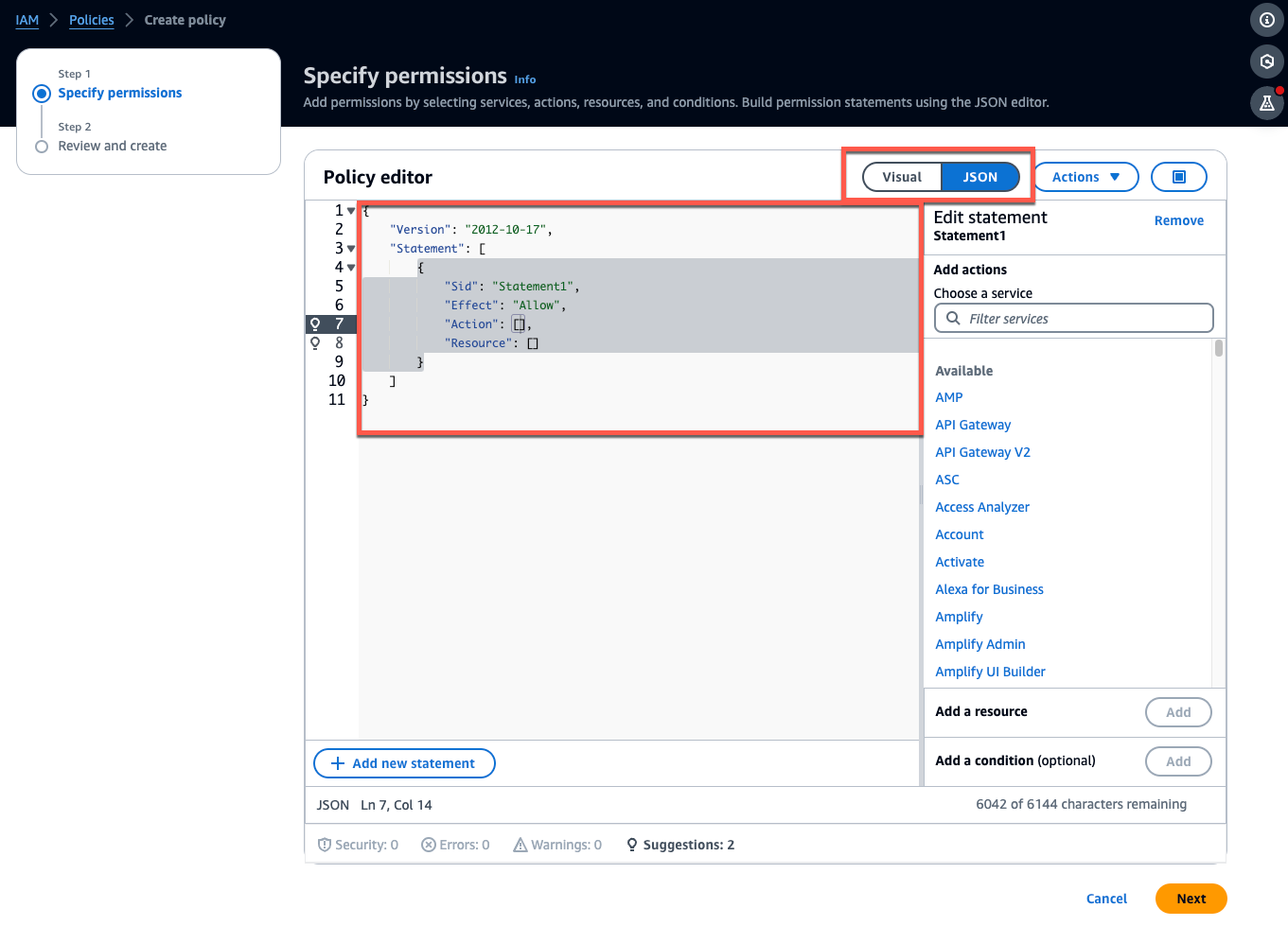 Die Oberfläche des Richtlinieneditors zeigt die JSON-Struktur für die Angabe von Berechtigungen in IAM.