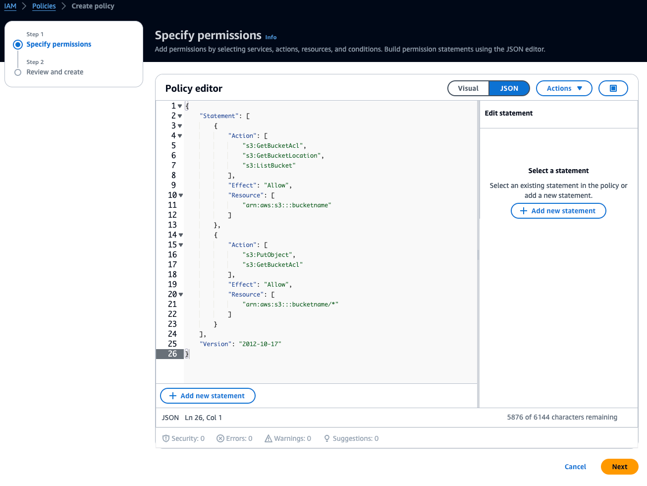 IAM Die Oberfläche des Richtlinieneditors zeigt JSON-Code für S3-Bucket-Berechtigungen.