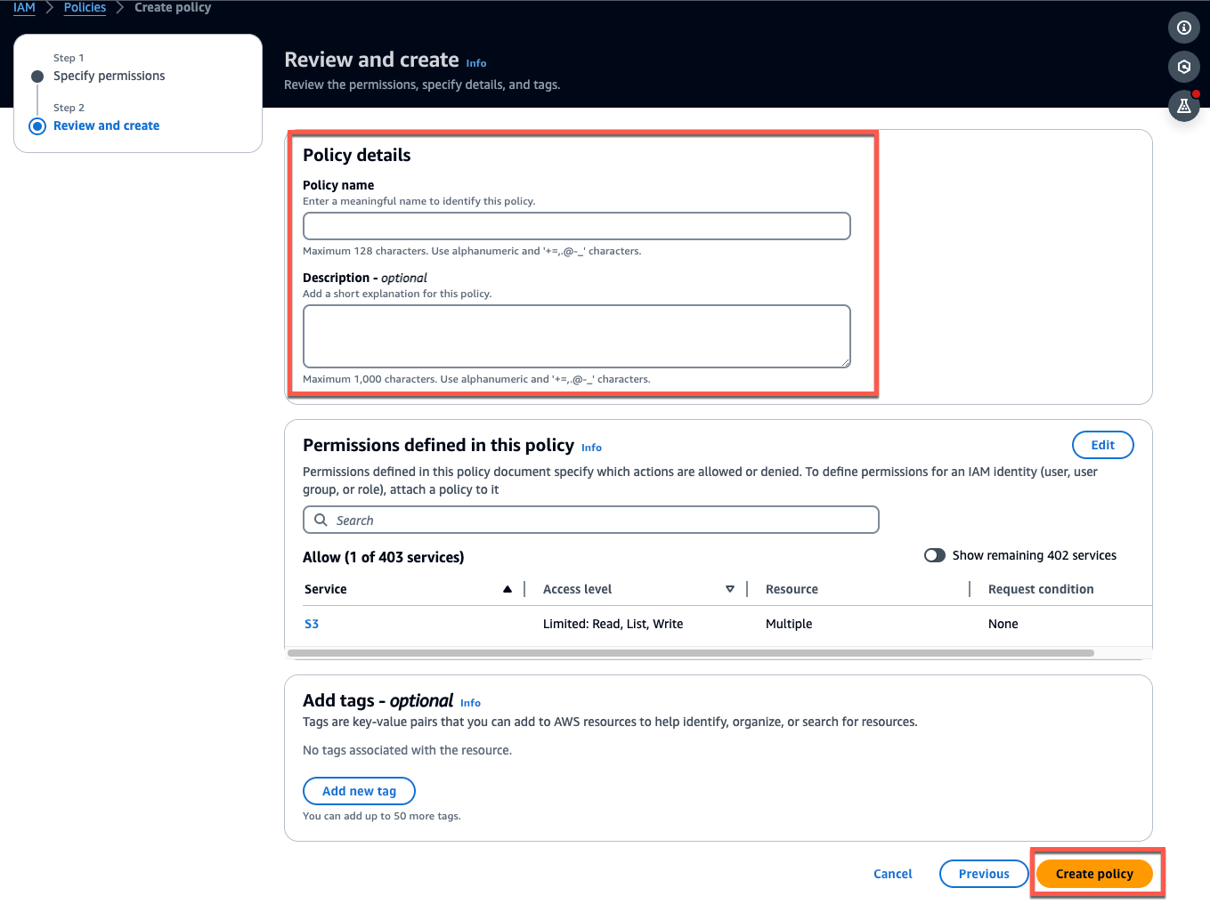 Oberfläche zur Erstellung von Richtlinien mit Abschnitten zu Richtliniendetails, Berechtigungen und Tags.
