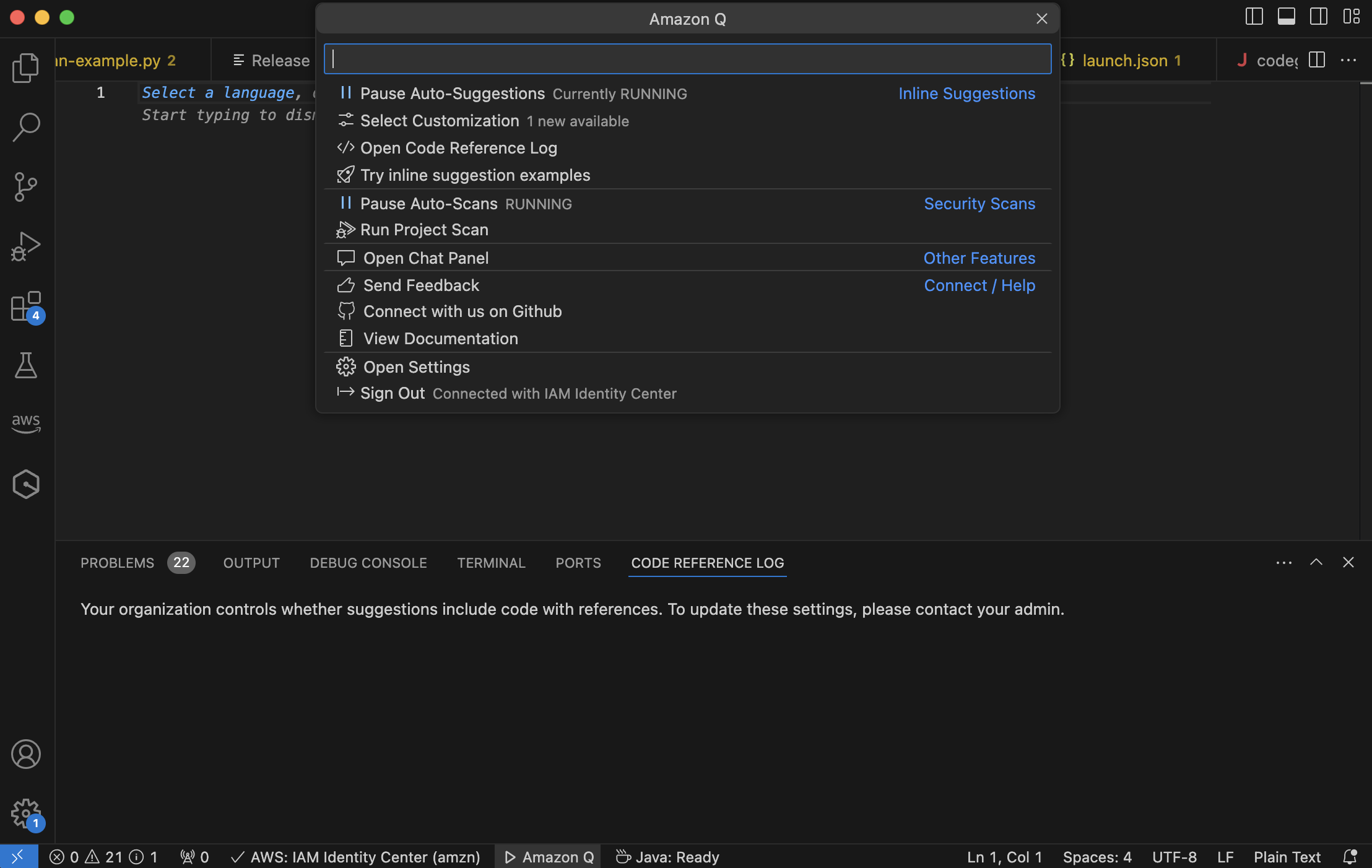 Das Codereferenzprotokoll von Amazon Q in Visual Studio Code.
