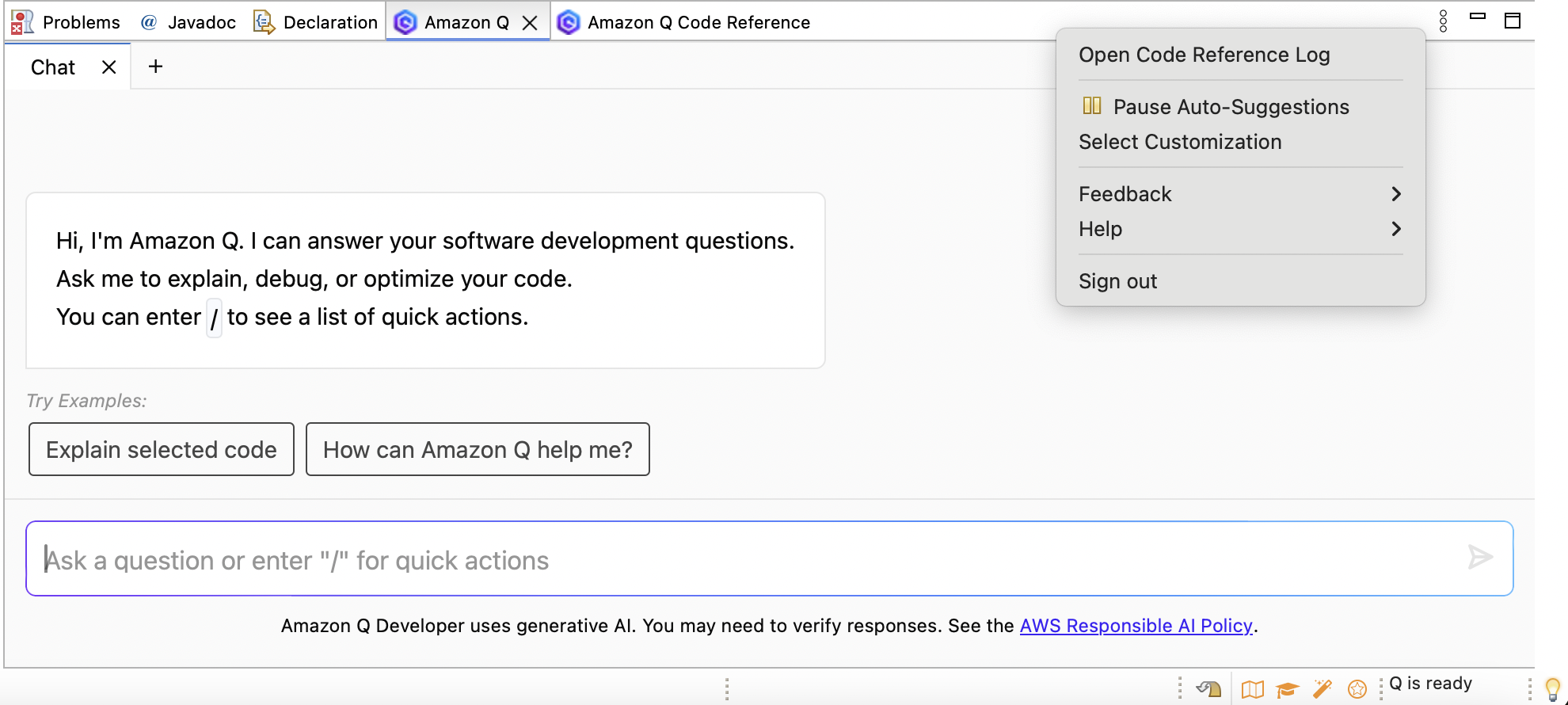 Die Amazon-Q-Taskleiste in einer Eclipse-IDE.