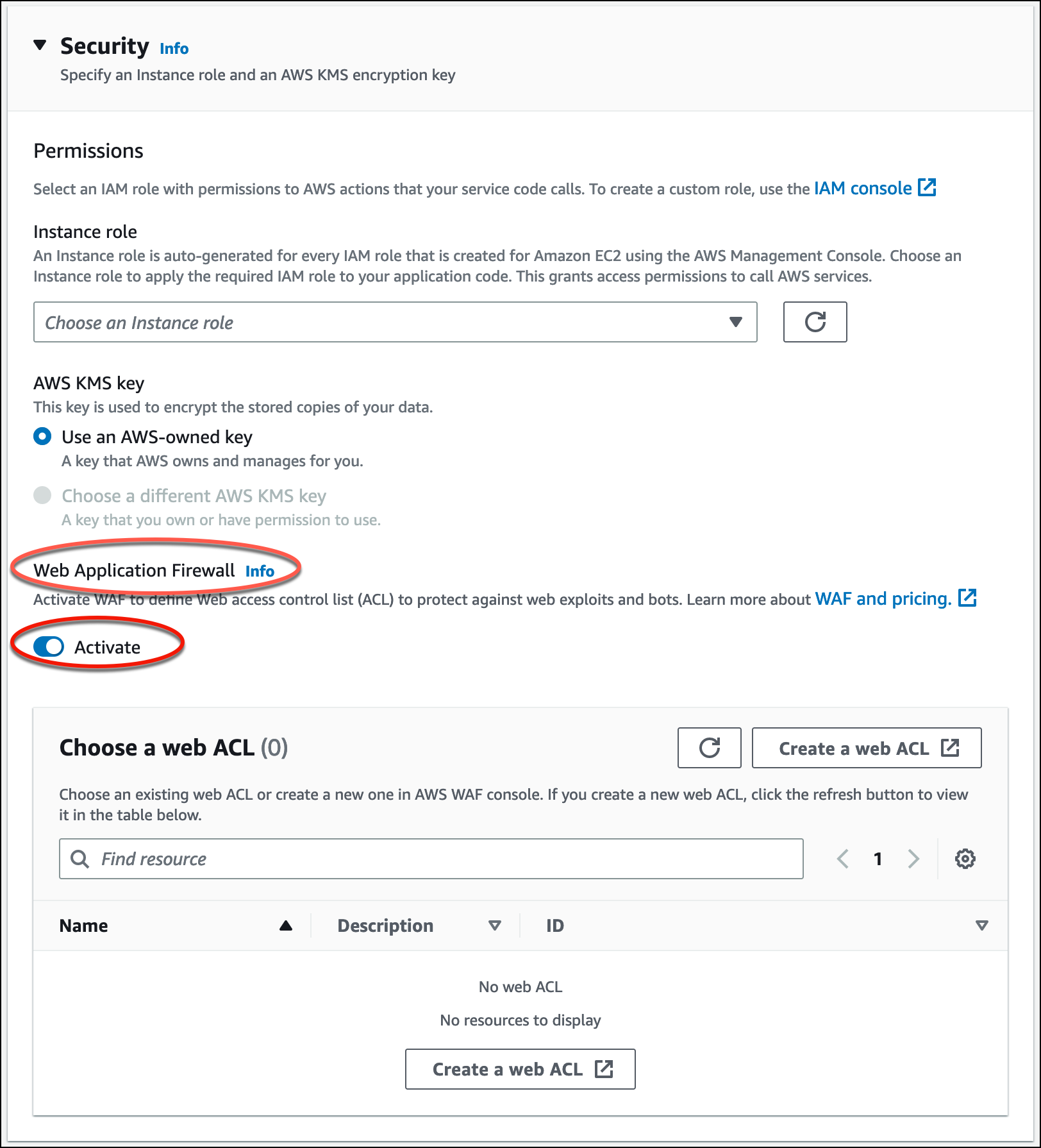 Das Layout der App Runner-Konsole mit den Optionen der Web Application Firewall.