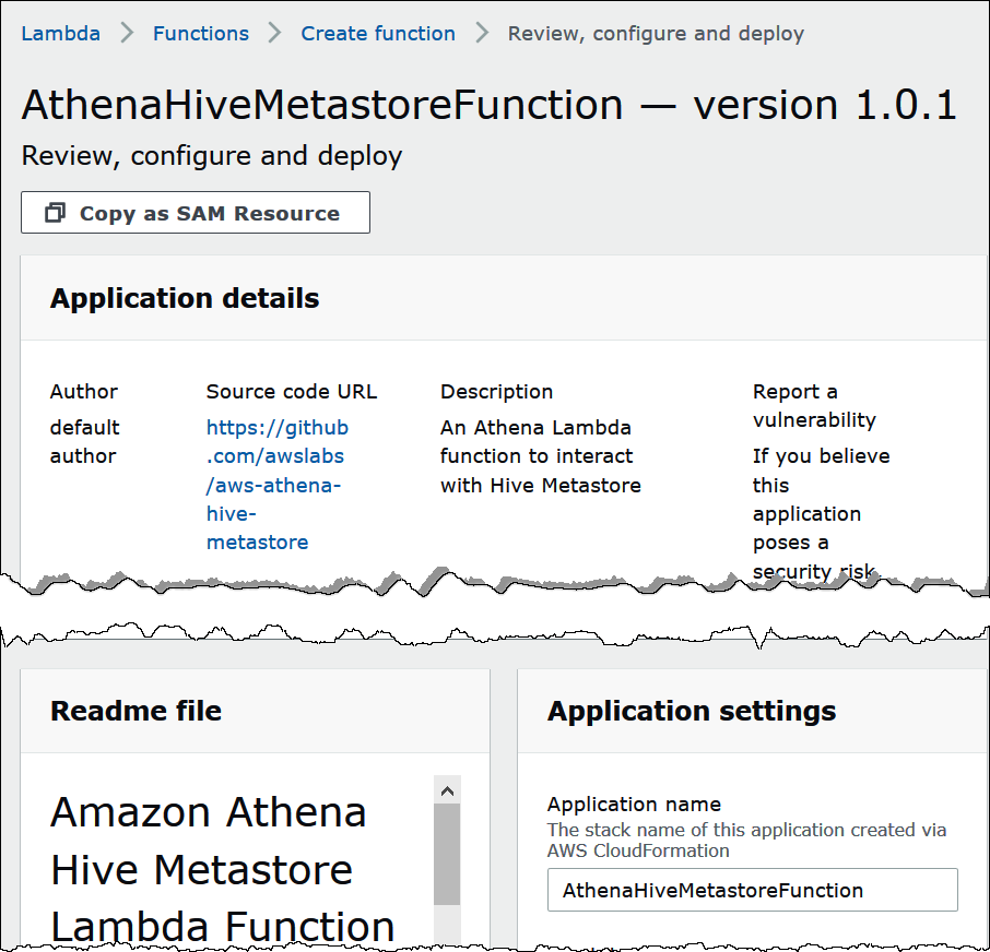 Die AthenaHiveMetastoreFunctionSeite in der AWS Lambda Konsole.