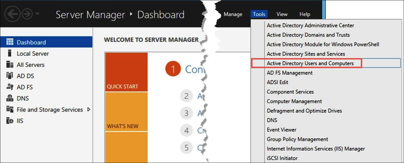 Wählen Sie Tools, dann Active Directory Users and Computers (Active-Directory-Benutzer und -Computer) aus.