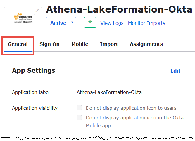 Wählen Sie das Symbol Allgemein der Okta-Anwendung.