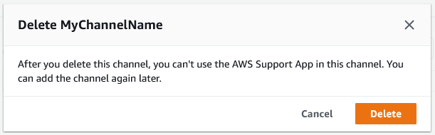 Dialogfeld zum Löschen eines Slack-Kanals in der Support-Center-Konsole.