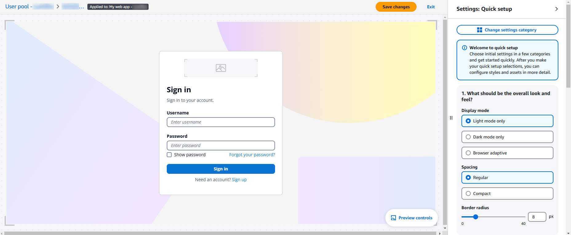 Eine Vorschau des visuellen Editors für den Branding-Editor für Amazon Cognito Cognito-Benutzerpools.