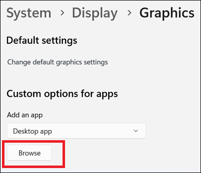 Windows-Einstellungen, Grafiken, Schaltfläche „Durchsuchen“.