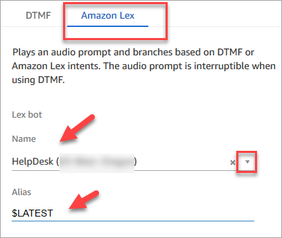 Der Amazon Lex-Tab, der Name und der Alias des Bots.