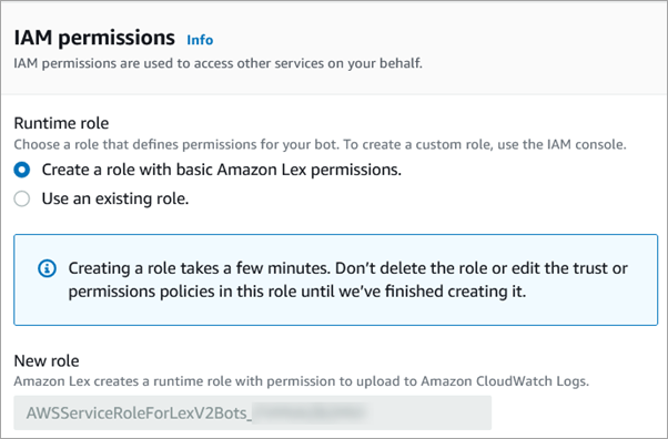 Der Abschnitt IAM-Berechtigungen, die Option, eine Rolle mit grundlegenden Amazon Lex-Berechtigungen zu erstellen.