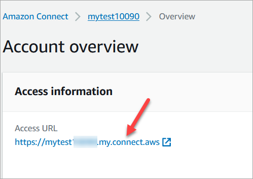 Die Connect-Kundenkonsole, die Kontoübersichtsseite, der Abschnitt mit den Zugriffsinformationen, die Zugriffs-URL.