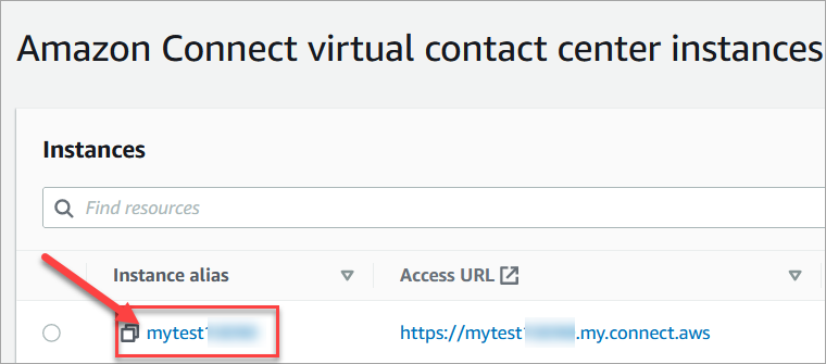 Die Seite Connect Customer Virtual Contact Center-Instanzen, der Instanz-Alias.