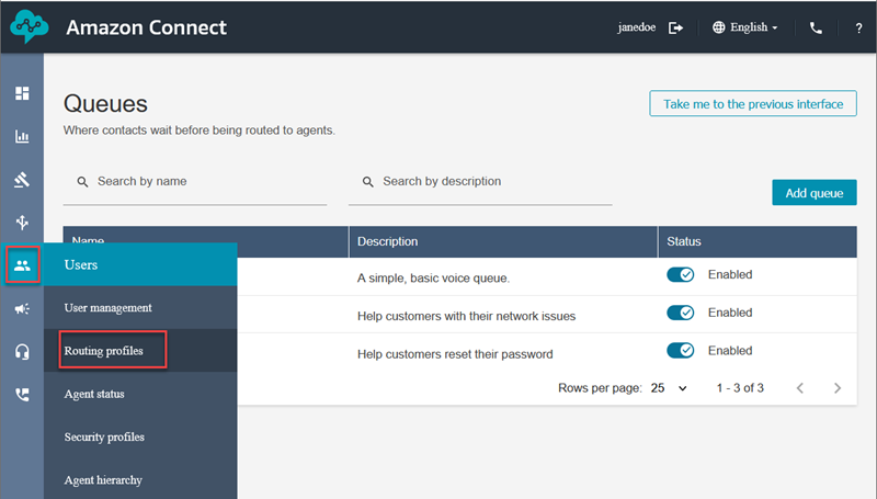 Das Navigationsmenü Connect Customer, das Benutzersymbol, die Option Routing-Profile.