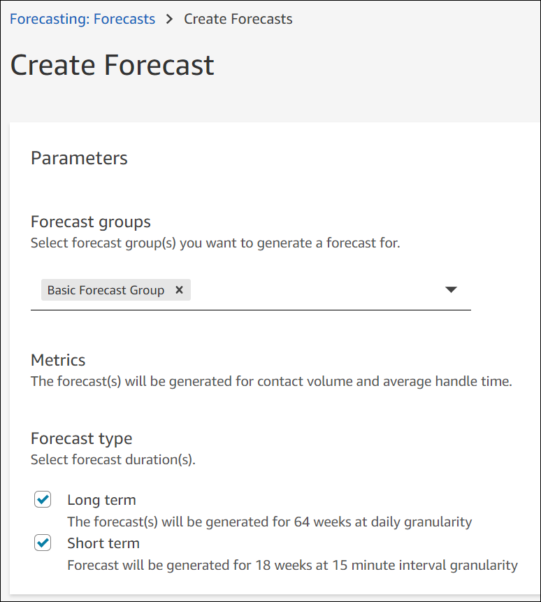 Die Seite „Prognose erstellen“, das Dropdown-Menü „Prognosegruppen“