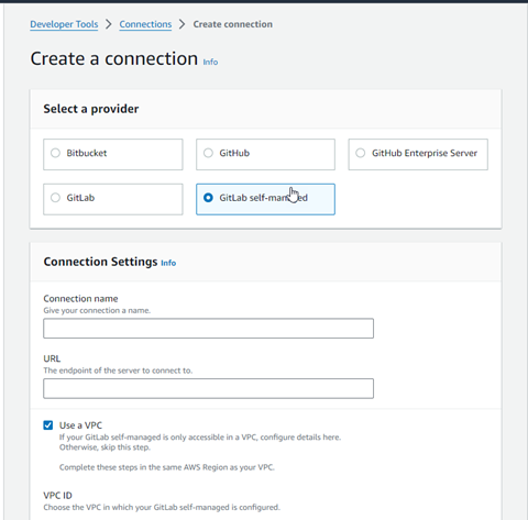 Screenshot der Konsole mit der ausgewählten Verbindungsoption für GitLab Selbstverwaltung.