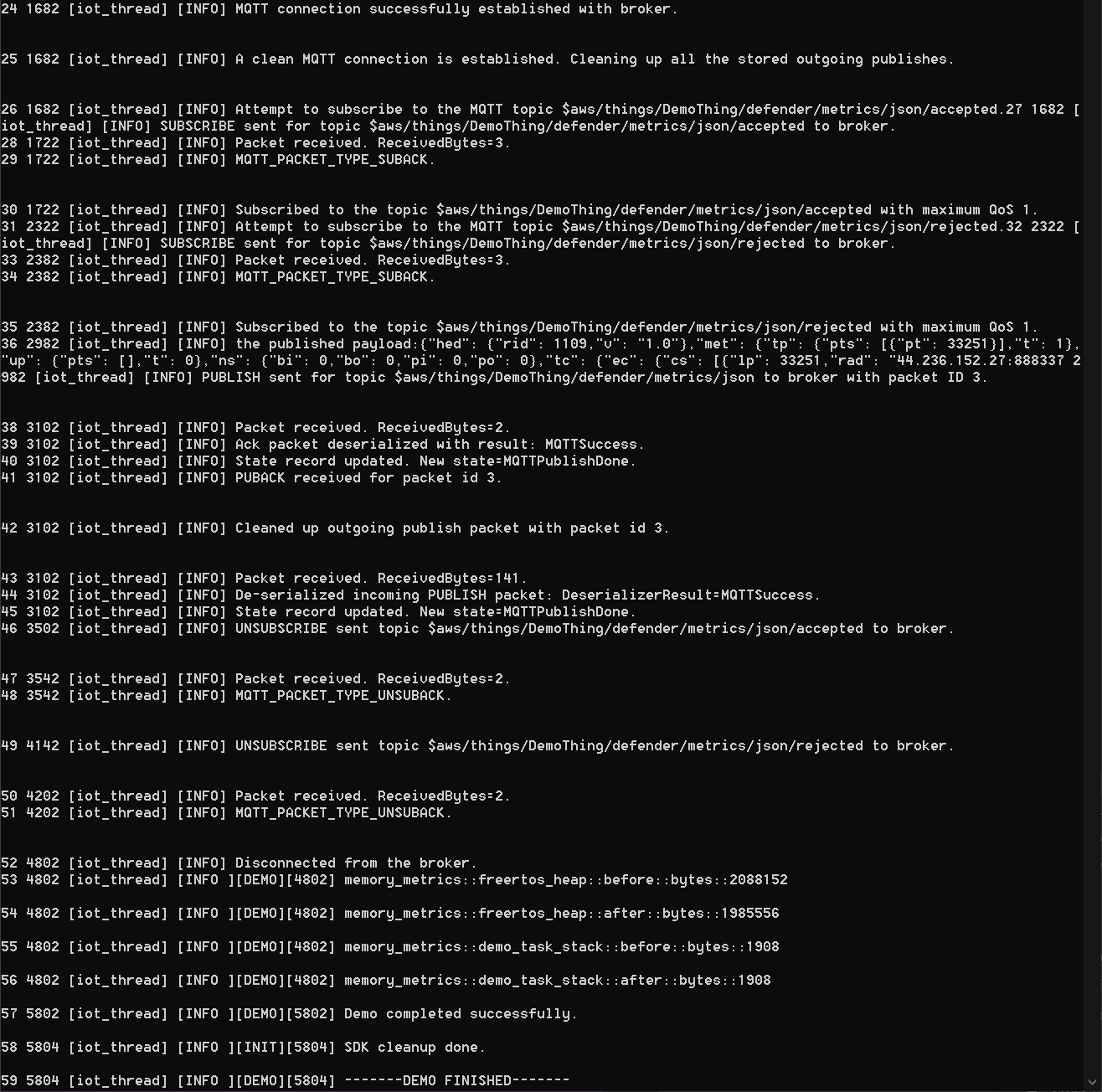 Konsolenprotokollausgabe mit MQTT-Verbindungs-, Veröffentlichungs- und Speichernutzungsereignissen für die DemoThing Anwendung.