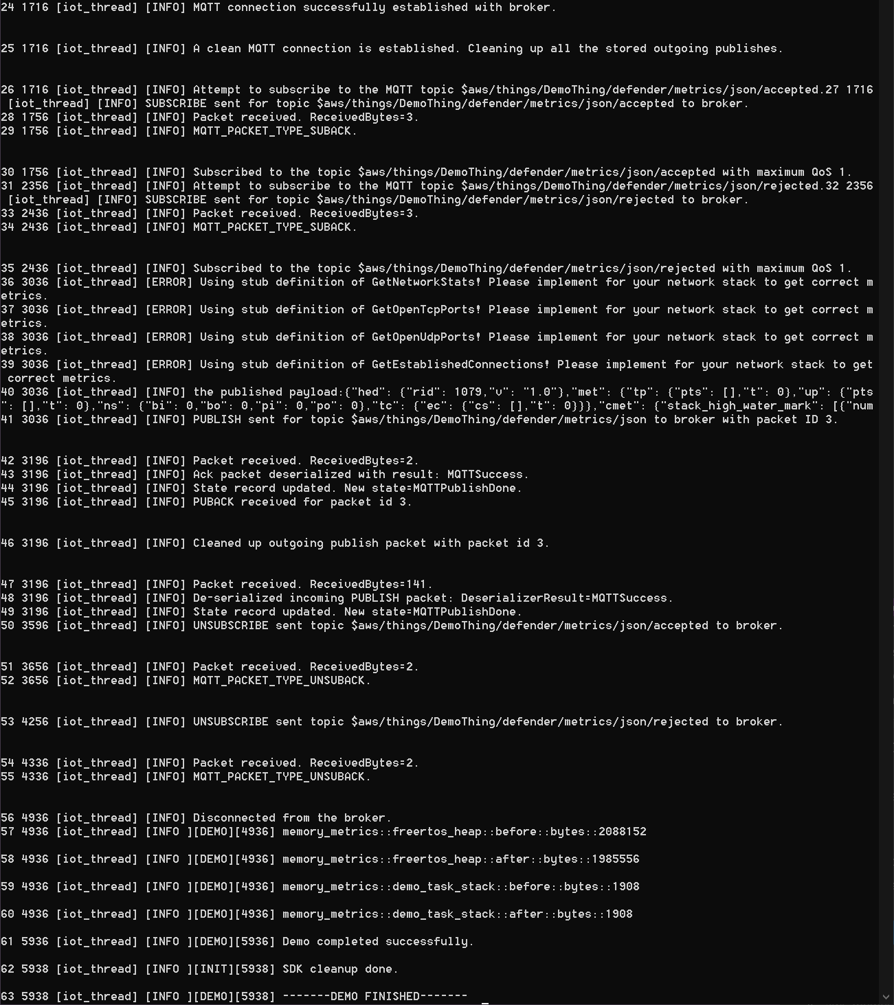 Protokollnachrichten, die den Aufbau einer MQTT-Verbindung, die Abonnementversuche für Themen, die Veröffentlichung von Payloads und die Paketabwicklung für eine Demo-Anwendung zeigen.
