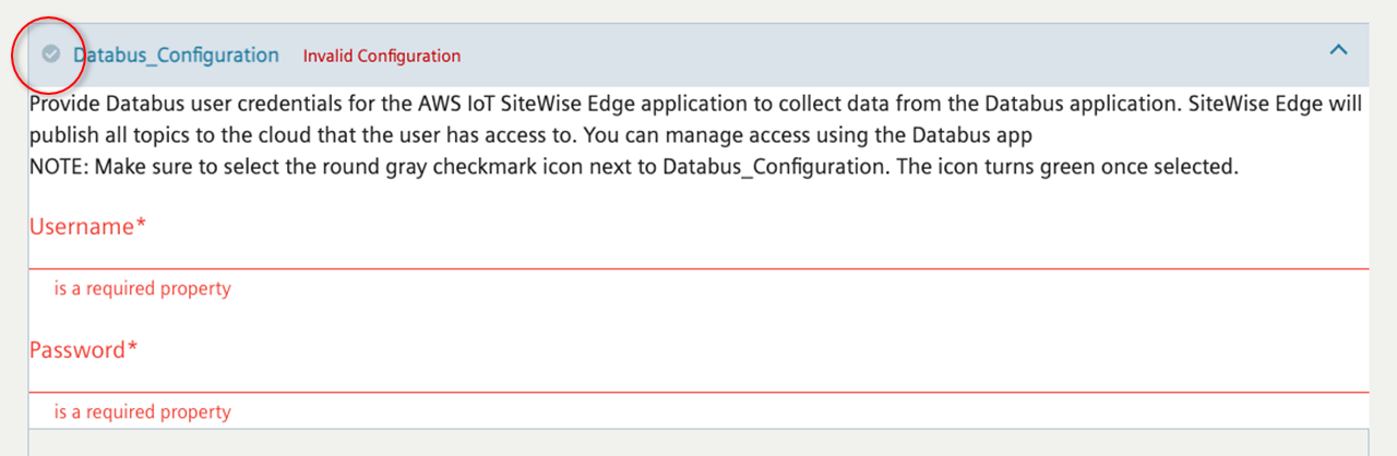 Ein Bildschirmfoto, Siemens Databus Configurator auf dem ein noch nicht abgeschlossener Vorgang angezeigt wird, mit einem eingekreisten grauen Häkchen.