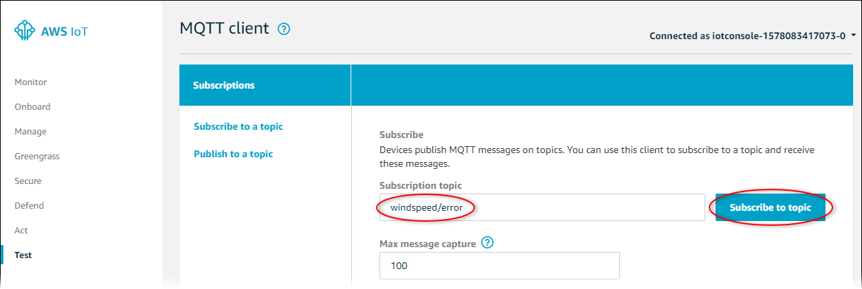 AWS IoT Screenshot der Kernseite „MQTT-Client“, auf der die Schaltfläche „Thema abonnieren“ hervorgehoben ist.