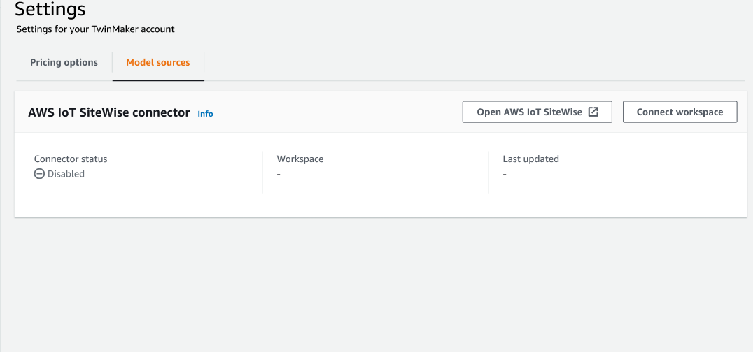 Die Einstellungsseite der AWS IoT TwinMaker Konsole mit geöffnetem Tab Modellquellen.