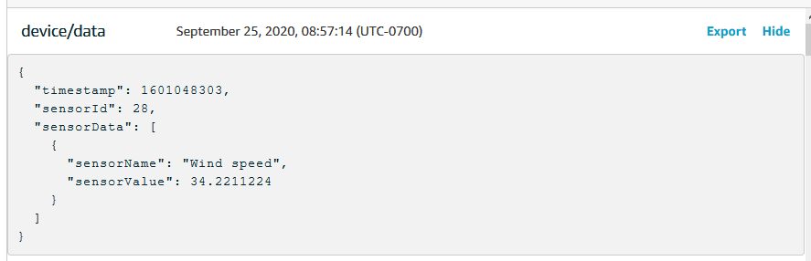Das Bild zeigt, wie eine JSON-Nachrichtennutzlast im MQTT-Client der Konsole angezeigt wird. AWS IoT
