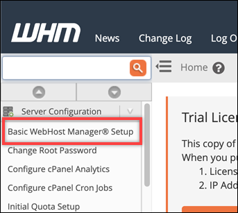 Option Basic WebHost Manager Setup im Navigationsbereich.
