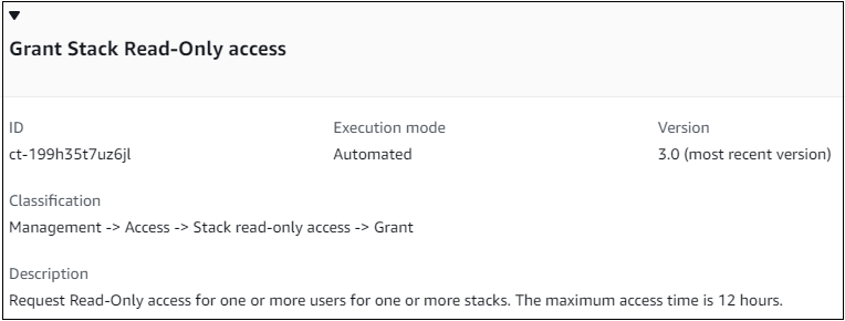 Read-Only Der Änderungstyp „Grant Stack“ -Zugriff wird mit ID, Ausführungsmodus, Version und Klassifizierungsdetails angezeigt.