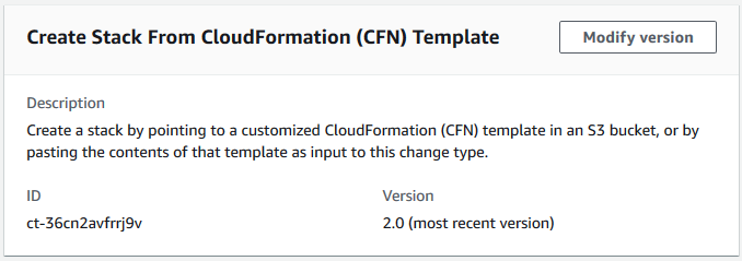 Dialogfeld „Stapel aus CloudFormation Vorlage erstellen“ mit den Feldern Beschreibung, ID und Version.