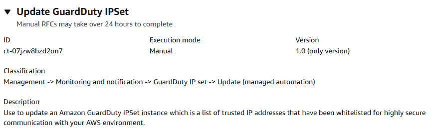 GuardDuty IPSet-Aktualisierungsoberfläche mit Beschreibung, ID und Versionsdetails.