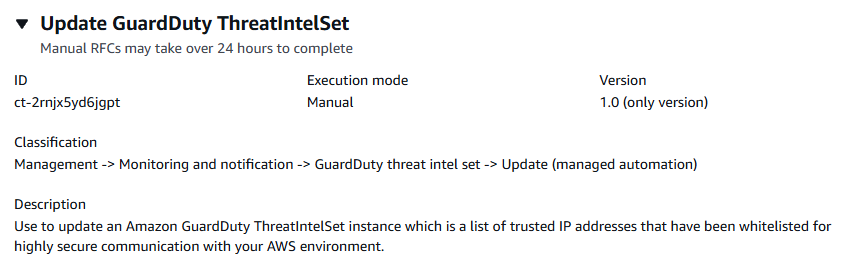 GuardDuty ThreatIntelSet Aktualisierungsoberfläche mit Beschreibung, ID und Versionsdetails.