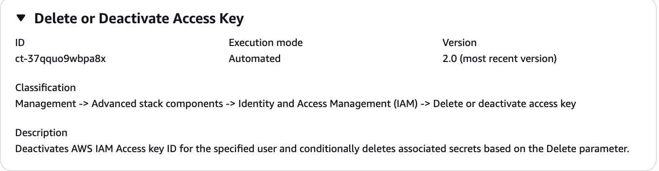 Löschen oder deaktivieren Sie die Access Key-Schnittstelle mit ID, Ausführungsmodus, Version und Beschreibung.