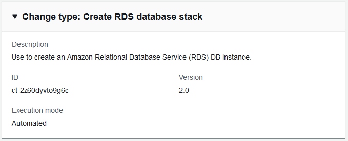 Änderung Typdetails mit ID, Version 2.0 und automatisiertem Ausführungsmodus für die RDS-Datenbank.