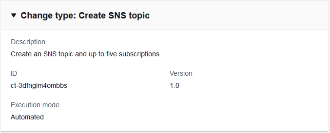 Änderung Typdetails zeigen „SNS-Thema mit ID erstellen“, Version 1.0 und automatisierter Ausführungsmodus.