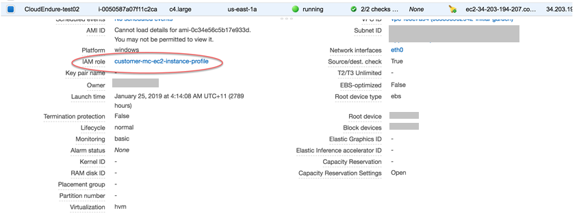 Die EC2-Instance-Details zeigen das IAM Rollenfeld mit dem Wert customer-mc-ec2-instance-profile.