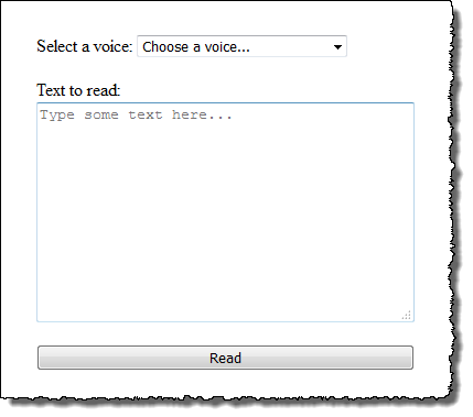 Text-to-speech Oberfläche mit Sprachauswahl-Dropdown, Texteingabebereich und Lesetaste.