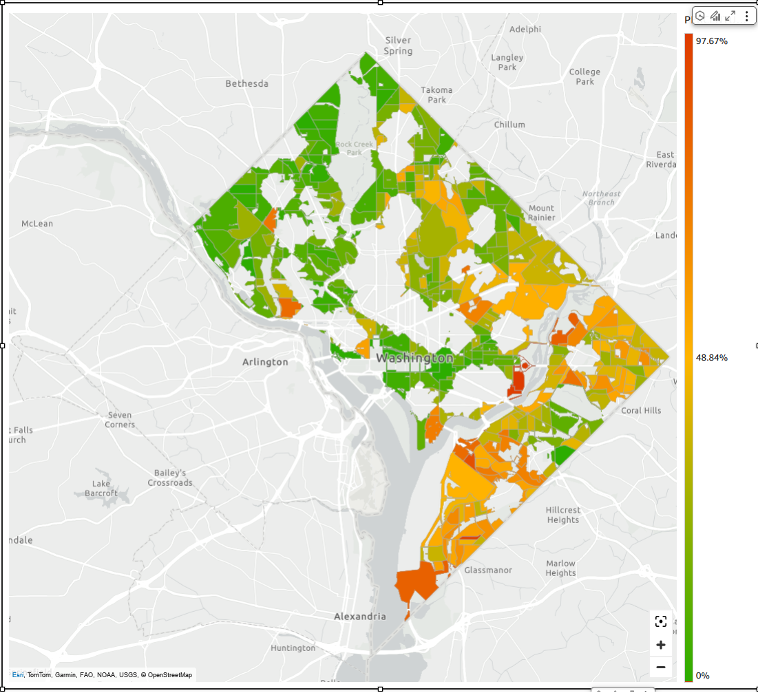Choropleth-Karte des Gebiets Washington DC mit prozentualen Angaben nach Zählbezirken mit einem Farbverlauf von grün nach orange.