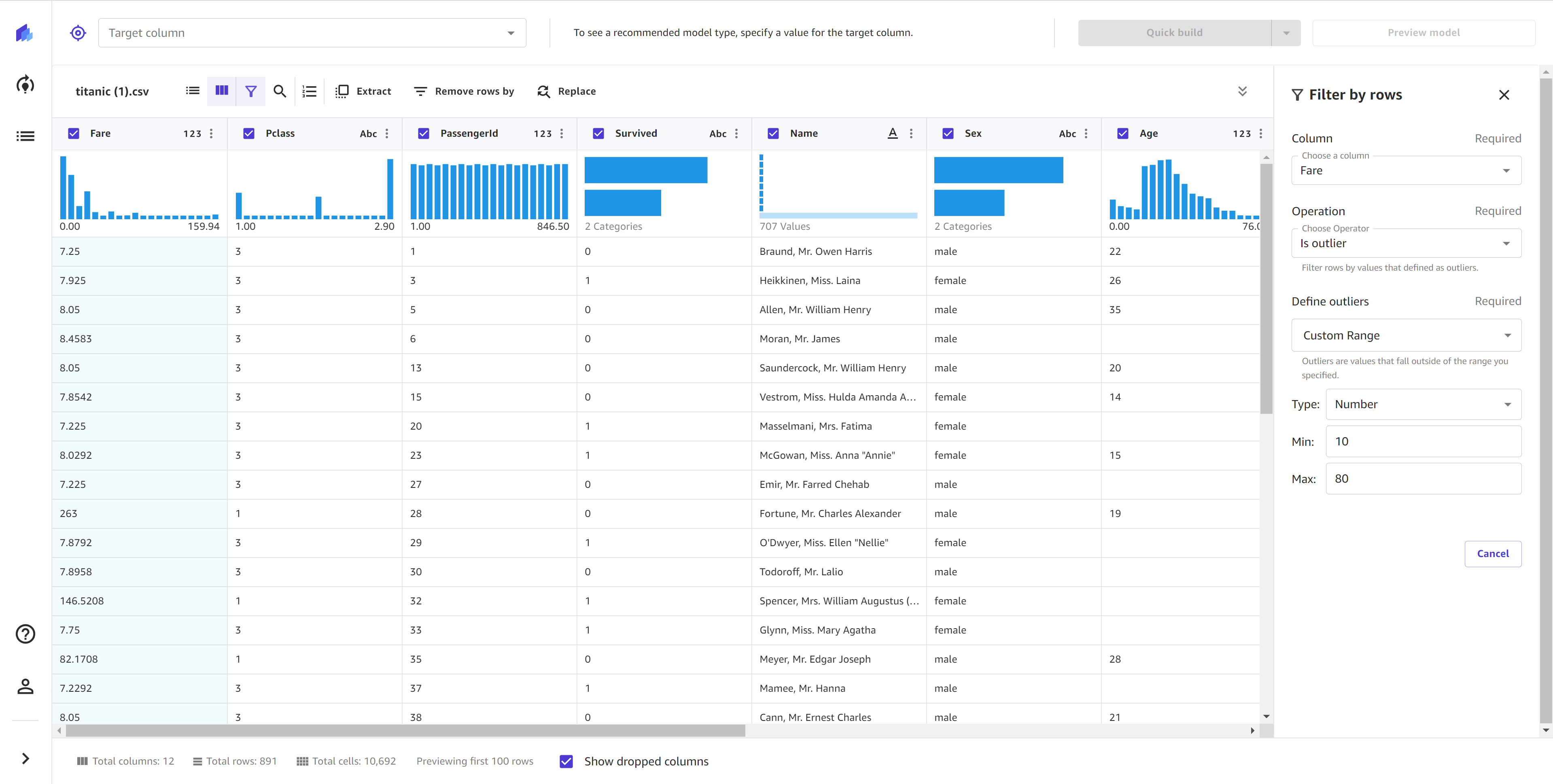 Screenshot des Vorgangs „Nach Ausreißern filtern“ in der SageMaker Canvas-Anwendung.