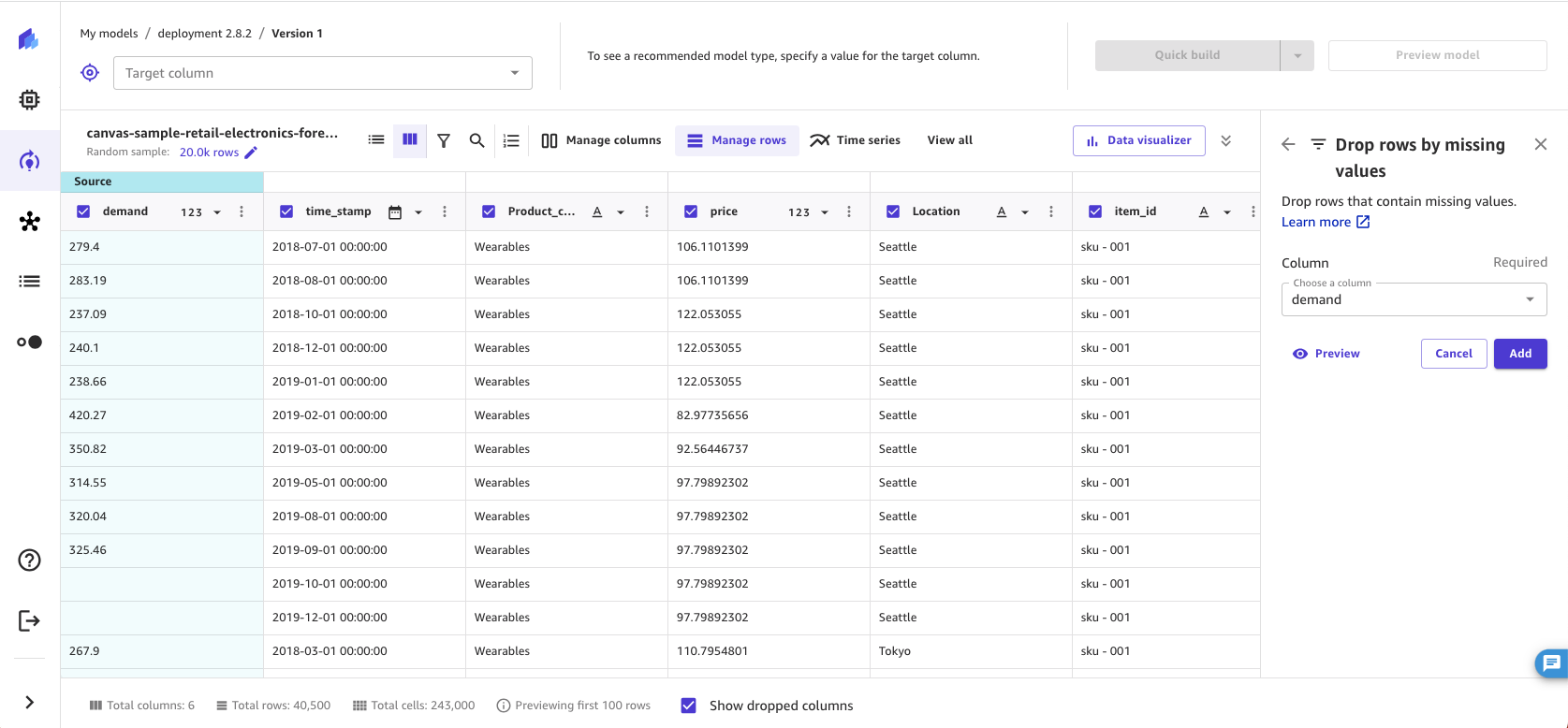 Screenshot der Operation „Zeilen durch fehlende Werte entfernen“ in der SageMaker Canvas-Anwendung.