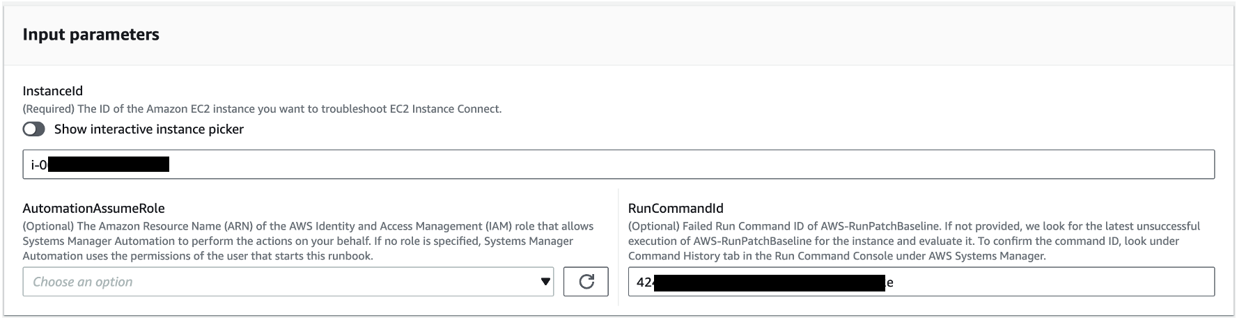 Abschnitt mit Eingabeparametern, der InstanceId Feld, AutomationAssumeRole Dropdown und RunCommandId Feld anzeigt.