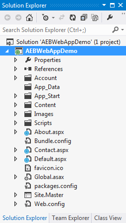 Der Projektmappen-Explorer zeigt die ABEWeb AppDemo Lösung mit der Struktur von Projektdateien und Ordnern.
