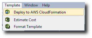 Optionen im Menü „Vorlage“, darunter „Bereitstellen für“ CloudFormation und „Kosten schätzen“.