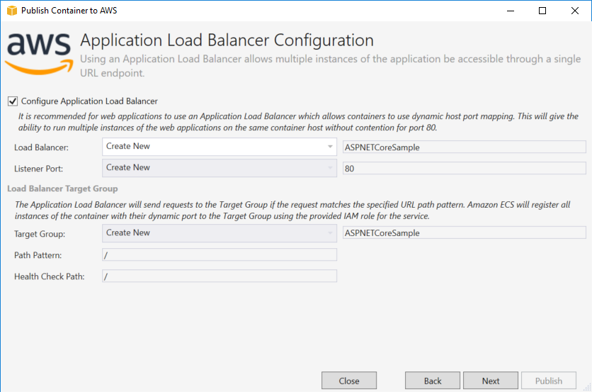 Application Load Balancer Konfigurationsdialog mit Load Balancer- und Zielgruppeneinstellungen.